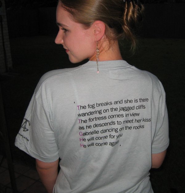 Kate McNally Carter from Maryland wearing a Happy Rhodes t-shirt
